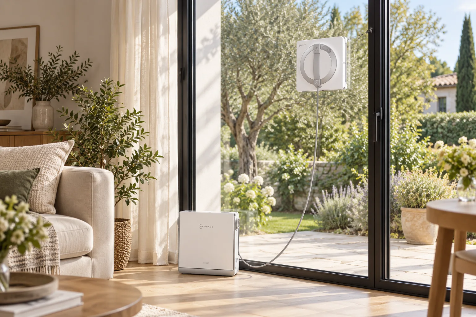 Robot avec station portable installé près d’une grande baie vitrée
